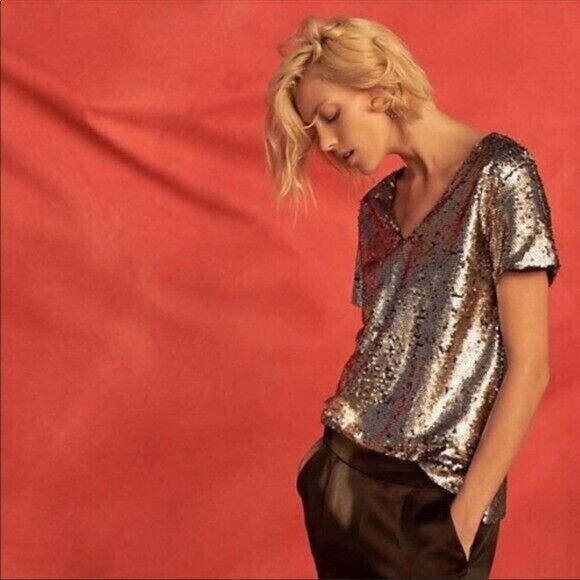 Anthropologie Vanessa Virginia Top Sequin V Neck Silver Black - Picture 3 of 11